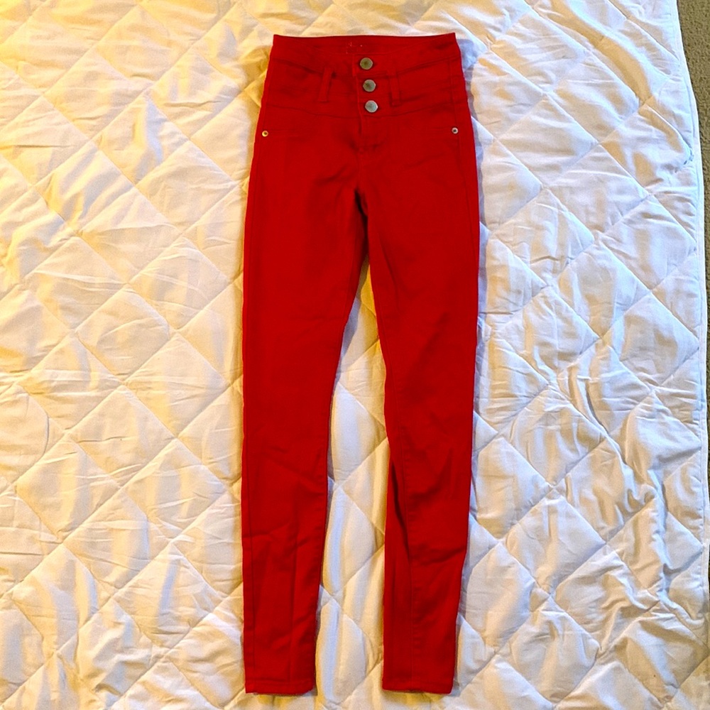 red midrise skinny jeans